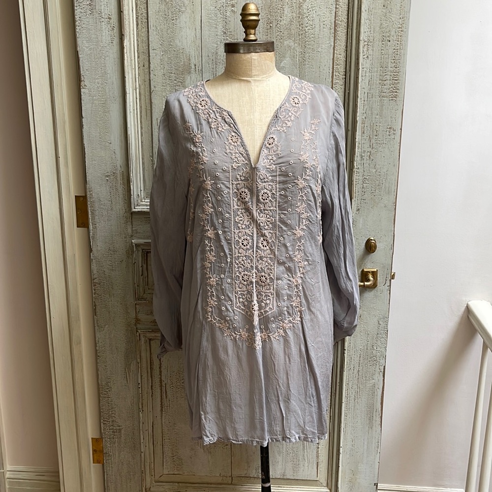 Johnny Was Gray Tunic with Blush Embroidery